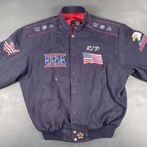 VTG Spirt Of America Jacket Mens 2XL Navy Blue Bomber Embroidered Flag Trump USA - Picture 7 of 11